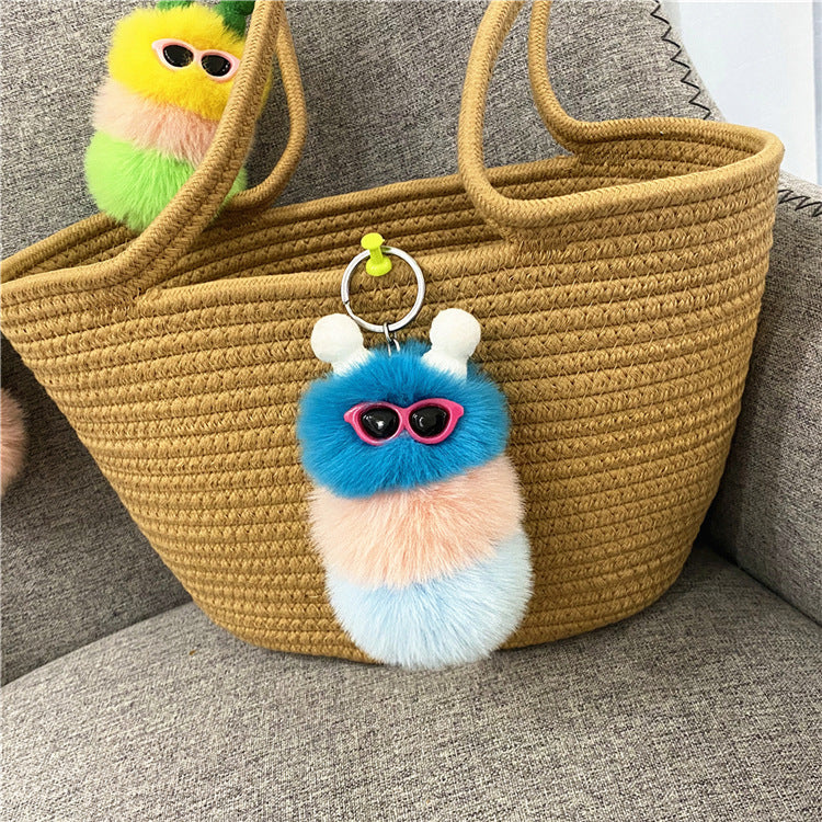 Caterpillar Pom Pom Plush Keychain Cute Furry Charm Accessory 9