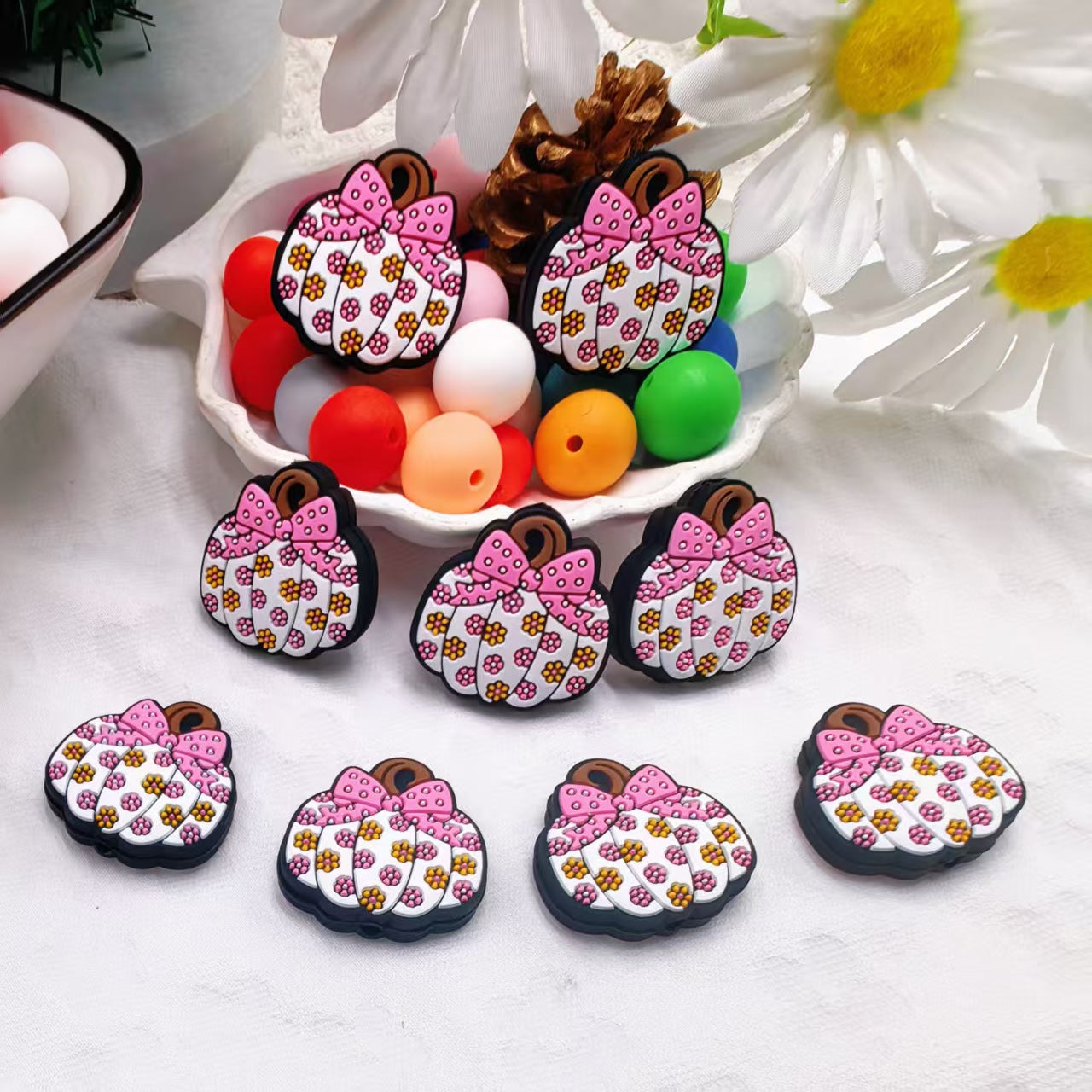 20Pcs Silicone Focal Beads Small Floral Bow Pumpkin Design 2