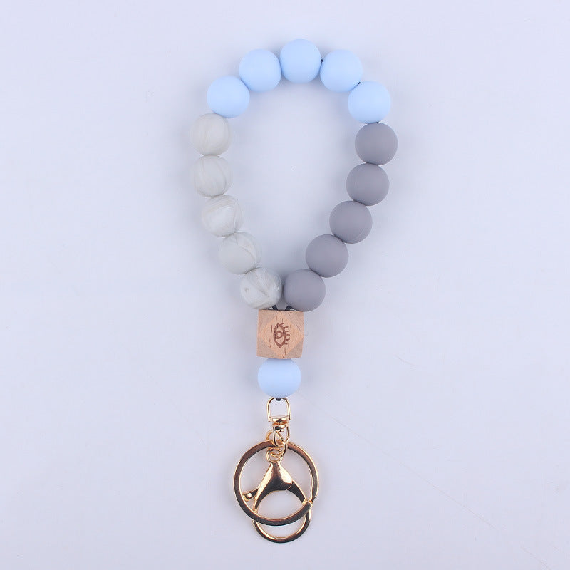 Octagonal Silicone Bead Wristlet Keychain with Wooden Accent 12
