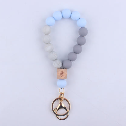 Octagonal Silicone Bead Wristlet Keychain with Wooden Accent 12