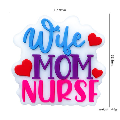 20pcs Silicone Focal Beads Nurse Mom Text with Heart Detail 2