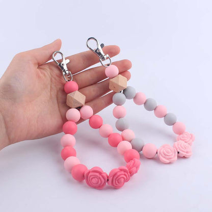 Rose Silicone Bead Wristlet Keychain with Wooden Accent Bead 3
