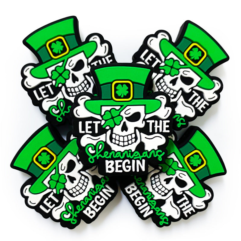 20Pcs Silicone Focal Beads Lucky Grass Pirate Skull Wearing Green Hat 3