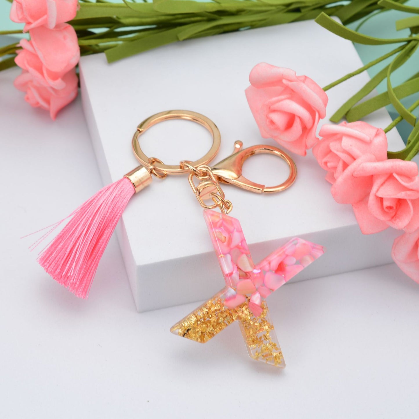 Resin Pink Tassel Letter Keychain A to Z Initial Charm 50