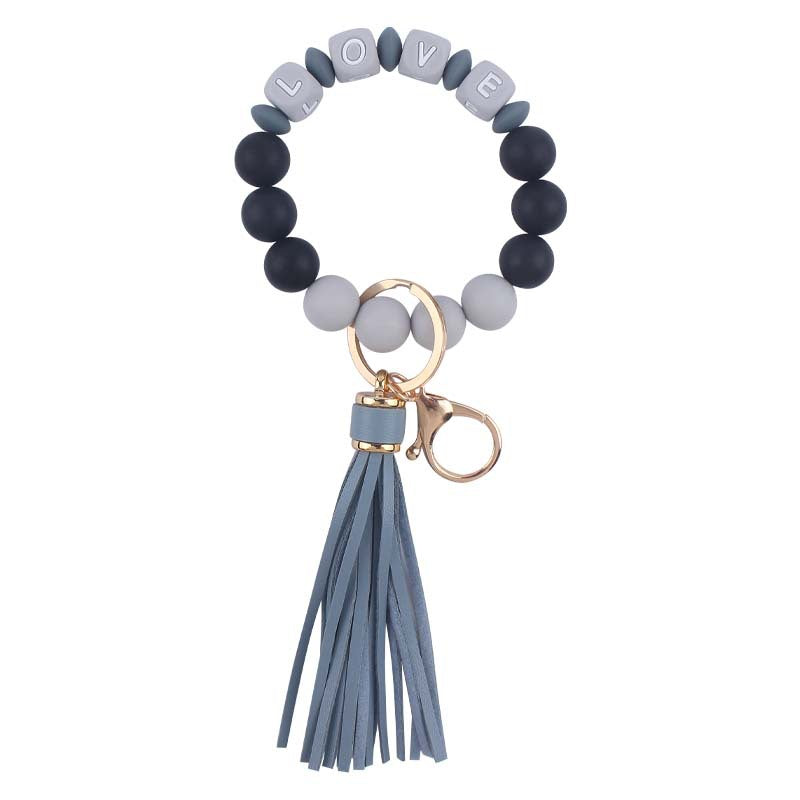 Letter LOVE Silicone Bead Wristlet Keychain PU Leather Tassel 10