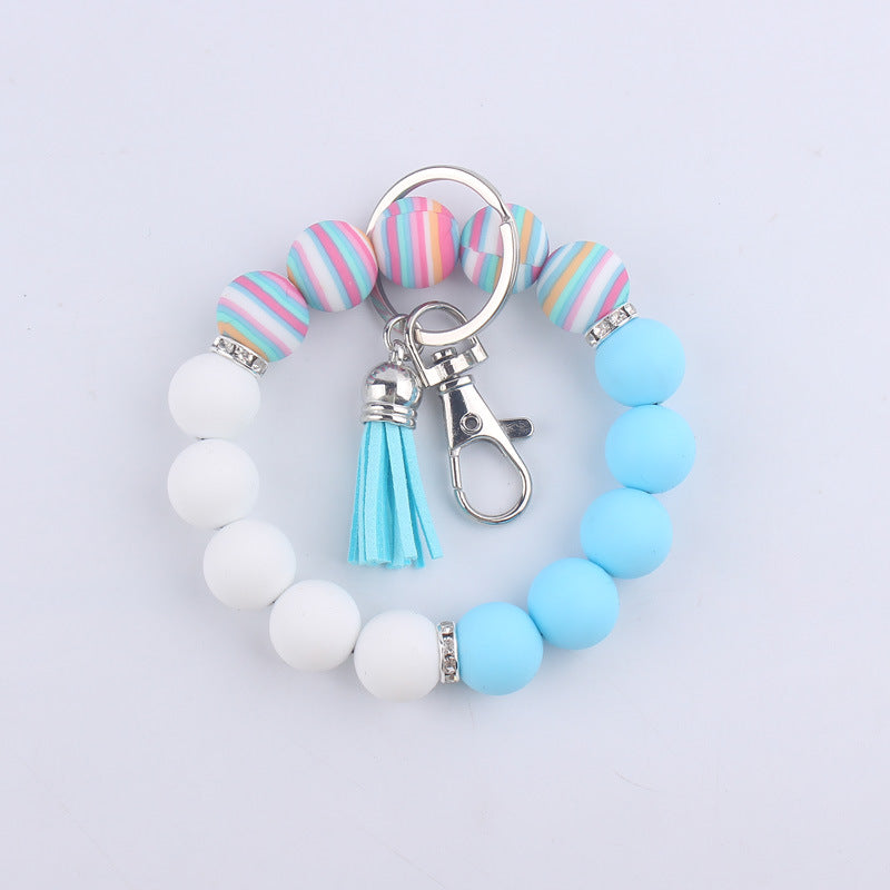 Leopard Print Tassel Silicone Bead Wristlet Keychain Charm 12