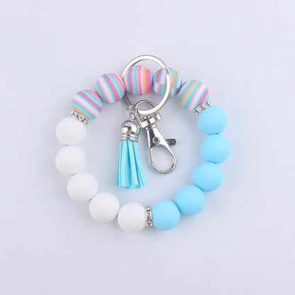 Leopard Print Tassel Silicone Bead Wristlet Keychain Charm 12