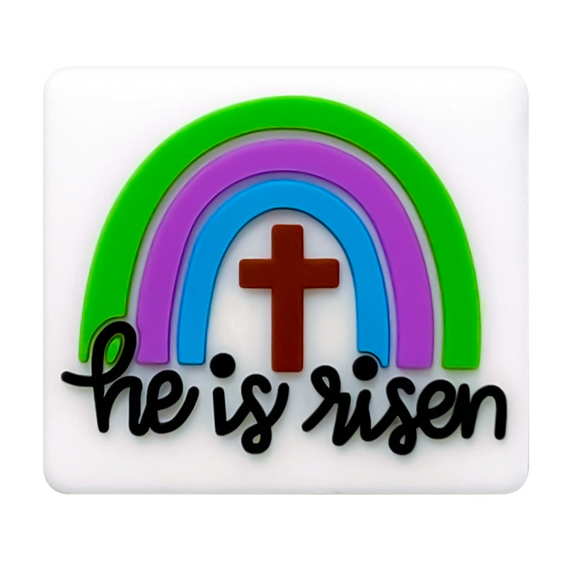 20Pcs Silicone Focal Beads Rainbow Cross With Text He Is Risen 5