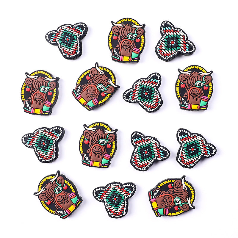 Silicone Focal Beads Cartoon Highland Bullhead Colorful Cow Head 3