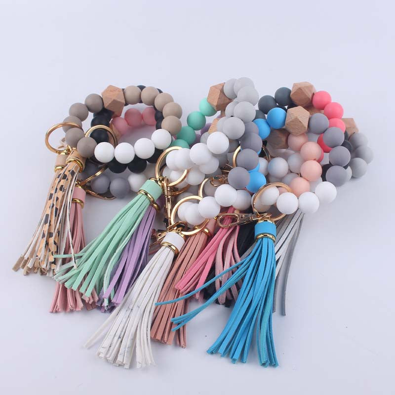 Octagonal Silicone Bead Wristlet Keychain with Tassel Charm 4