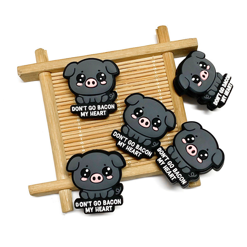 20Pcs Silicone Focal Beads Cartoon Animal Small Black Pig With Printed Text 3