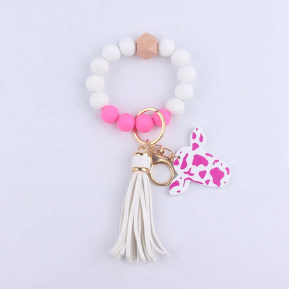 Western Cow Silicone Bead Wristlet Keychain PU Leather Tassel 11