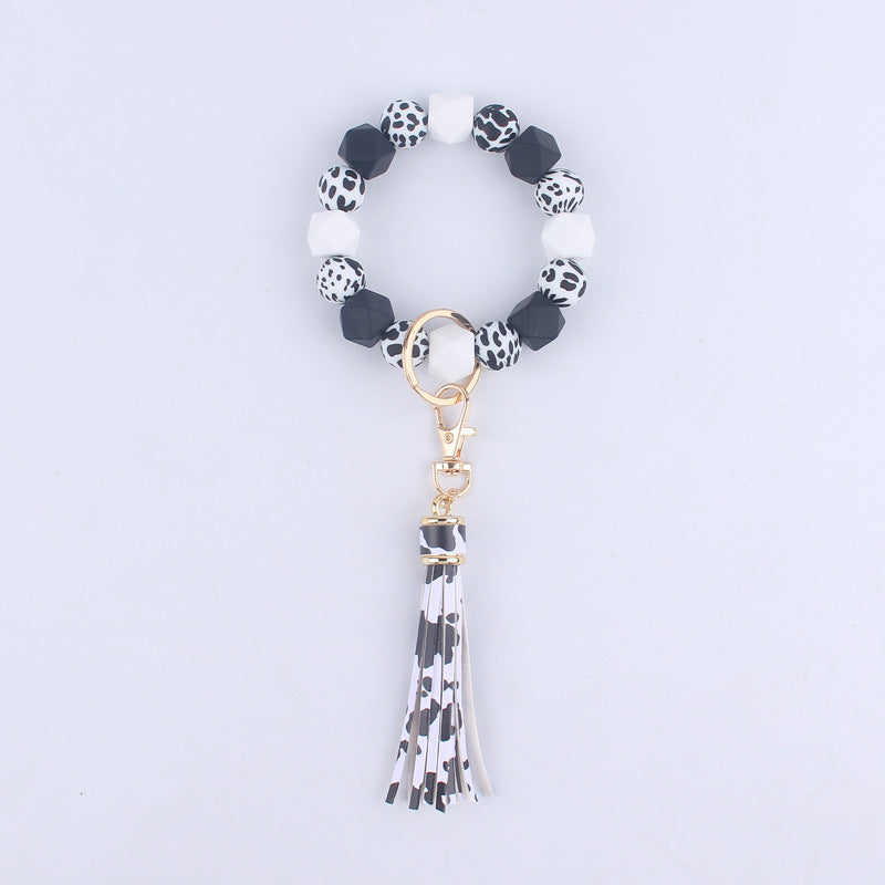 Leopard Print Silicone Bead Wristlet Keychain Tassel Charm 13