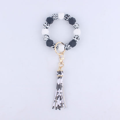 Leopard Print Silicone Bead Wristlet Keychain Tassel Charm 13