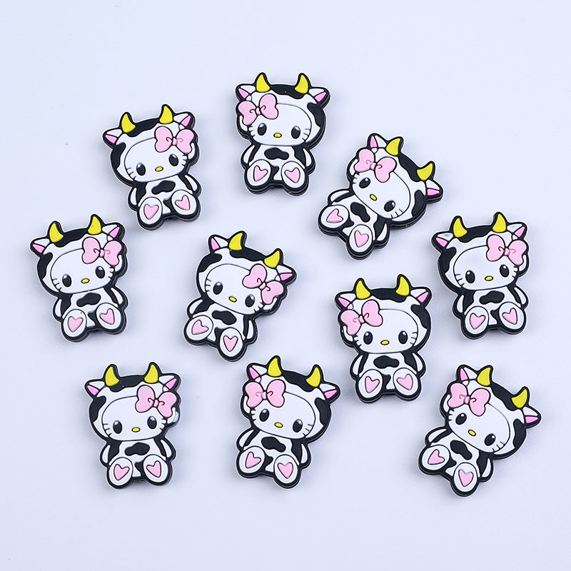 20pcs Silicone Focal Beads White Cat Wearing Cow Costume with Pink Bow 2