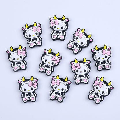 20pcs Silicone Focal Beads White Cat Wearing Cow Costume with Pink Bow 2