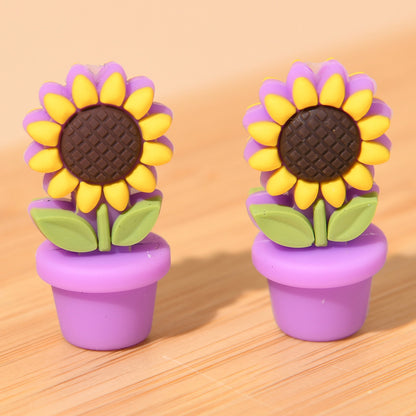 20pcs Silicone Focal Beads Flower Pot Sunflower Yellow White Flower Design 10