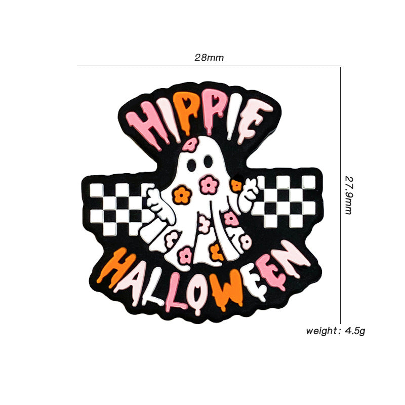 20Pcs Silicone Focal Beads Halloween Ghost with Checkerboard and Flower Detail 3
