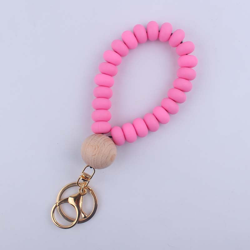 Flat Silicone Bead Wristlet Keychain with Wooden Accent 7