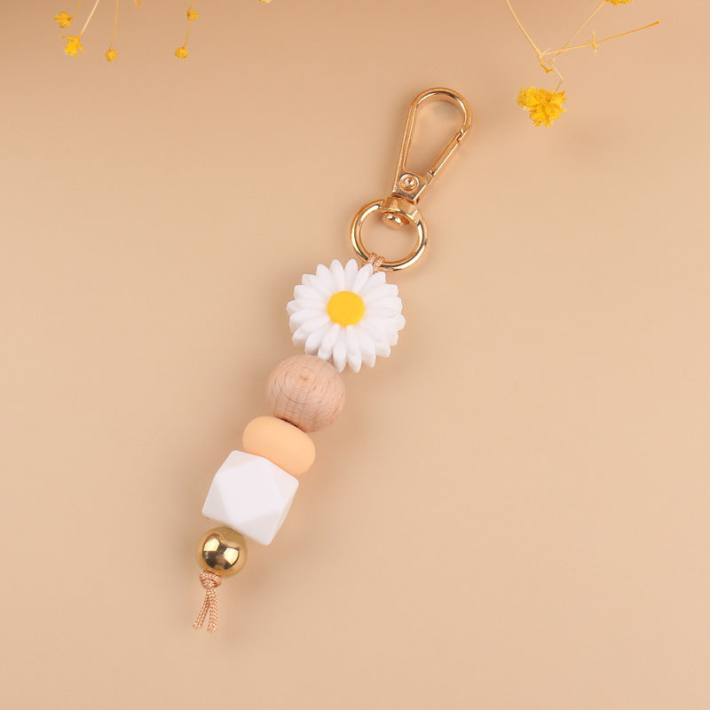 Daisy Silicone Bead Keychain with Wooden Round Bead Charm 6