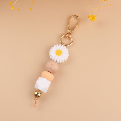 Daisy Silicone Bead Keychain with Wooden Round Bead Charm 6