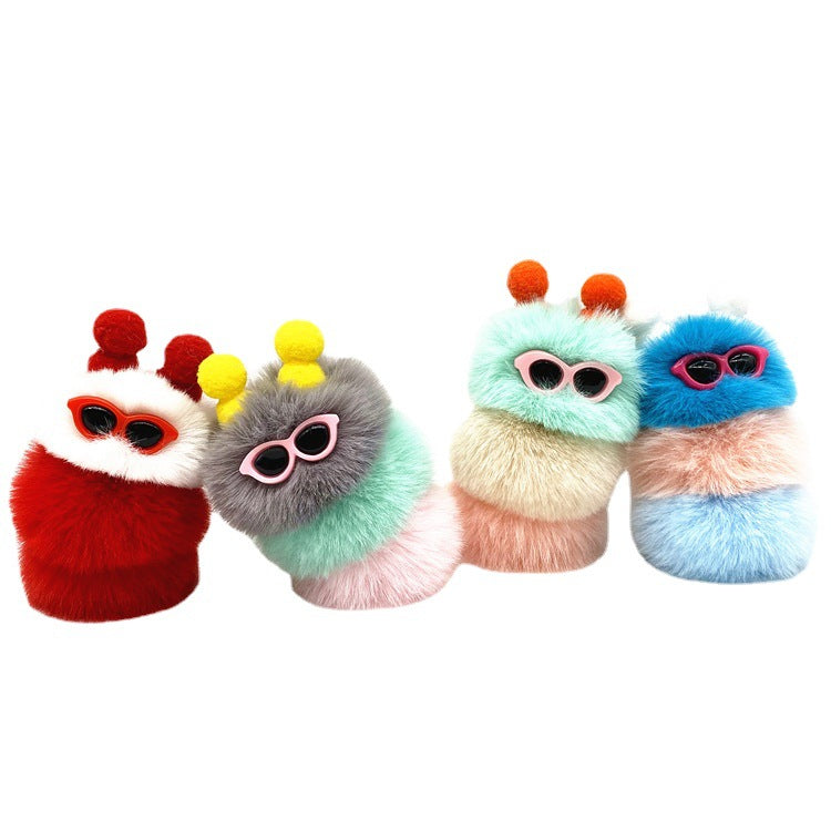Caterpillar Pom Pom Plush Keychain Cute Furry Charm Accessory 5