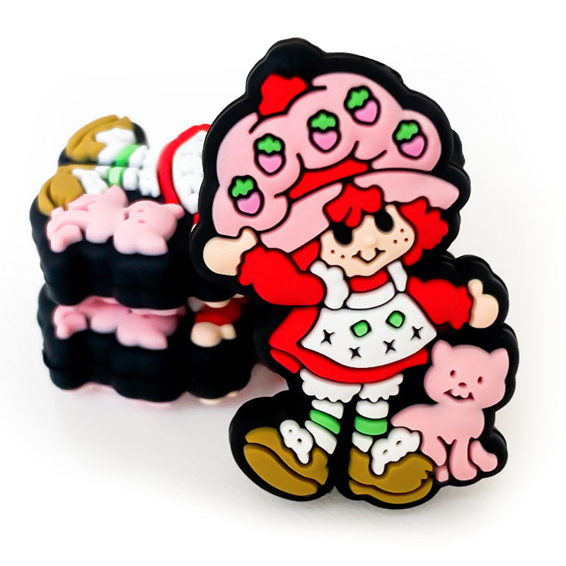 20Pcs Silicone Focal Beads Girl with Strawberry Hat and Pink Cat 3