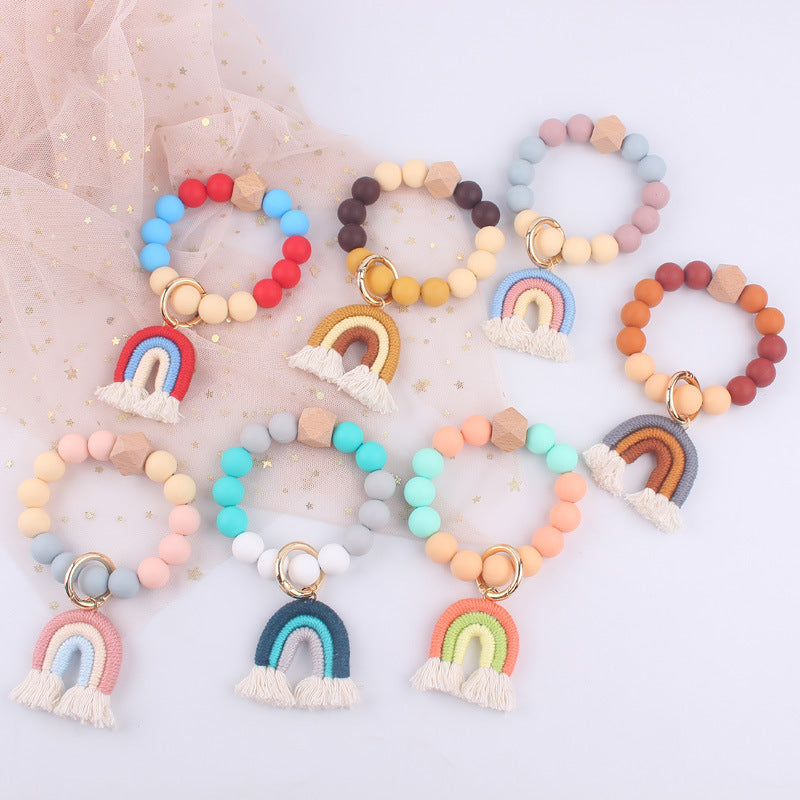 Rainbow Tassel Silicone Bead Wristlet Keychain with Wooden Accent