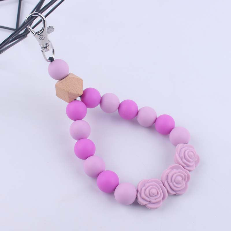 Rose Silicone Bead Wristlet Keychain with Wooden Accent Bead 8