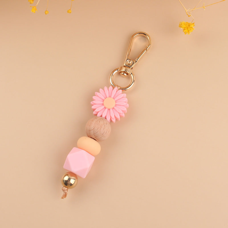 Daisy Silicone Bead Keychain with Wooden Round Bead Charm 8