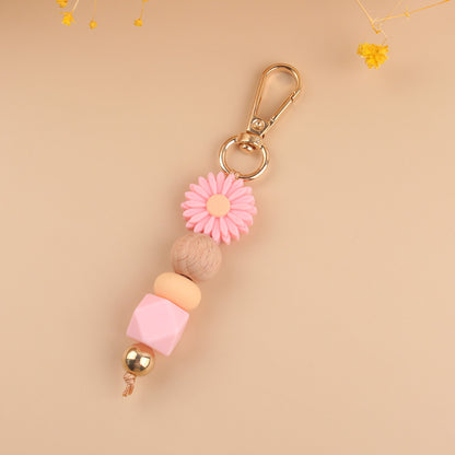Daisy Silicone Bead Keychain with Wooden Round Bead Charm 8