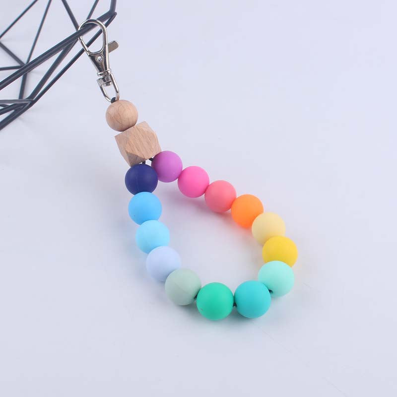 Contrast Wood Octagonal Silicone Bead Wristlet Keychain 11