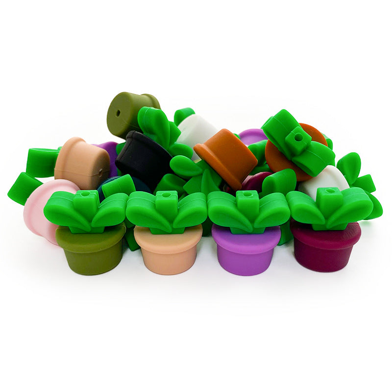 20Pcs Silicone 3D Focal Beads Flowerpot Grass With Leaf Detail 2