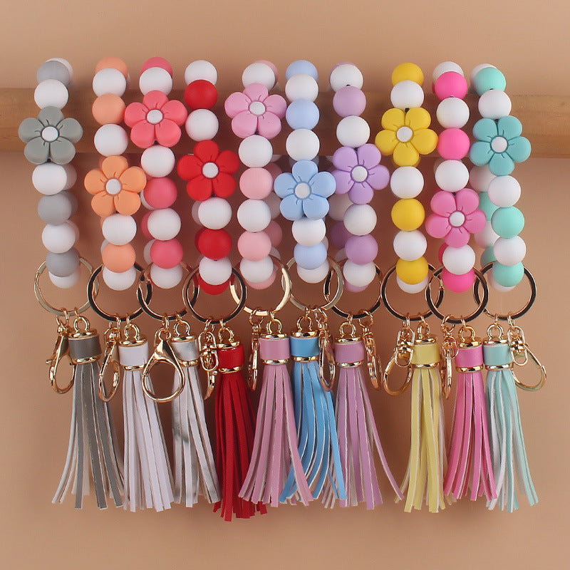 Flower Silicone Bead Wristlet Keychain with PU Leather Tassel