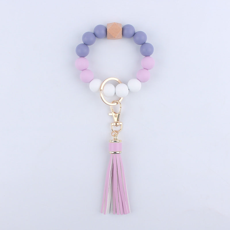 Tassel Silicone Bead Wristlet Keychain with Wooden Bead Charm 8cm 8