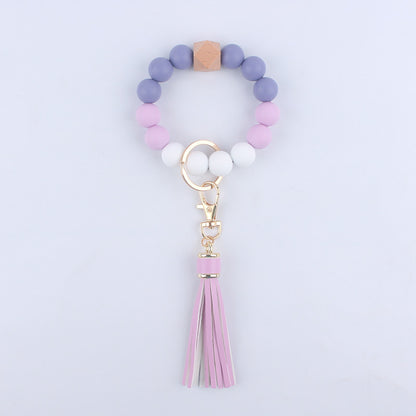 Tassel Silicone Bead Wristlet Keychain with Wooden Bead Charm 8cm 8