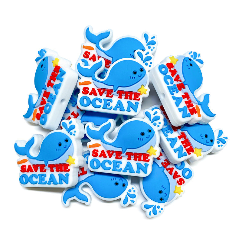 20Pcs Silicone Focal Beads Blue Whale Ocean Theme With Save The Ocean Text 3