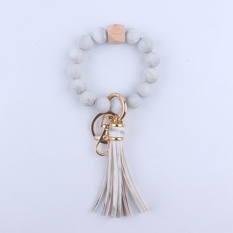 PU Leather Tassel Silicone Bead Wristlet Keychain Leopard Print 16