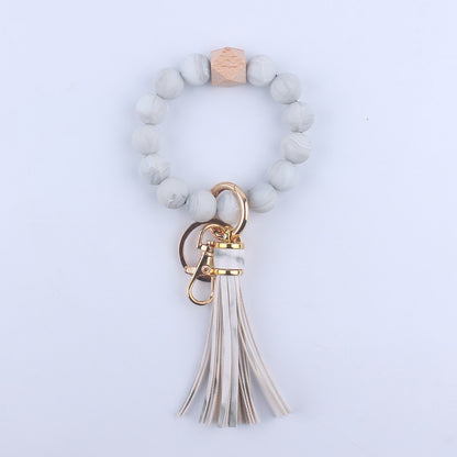 PU Leather Tassel Silicone Bead Wristlet Keychain Leopard Print 16