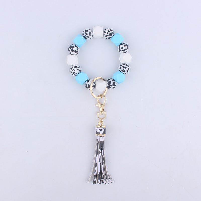 Leopard Print Silicone Bead Wristlet Keychain Tassel Charm 7
