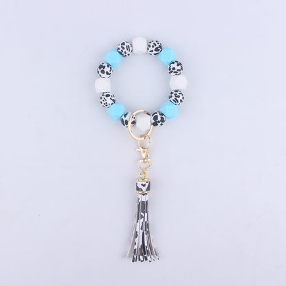 Leopard Print Silicone Bead Wristlet Keychain Tassel Charm 7