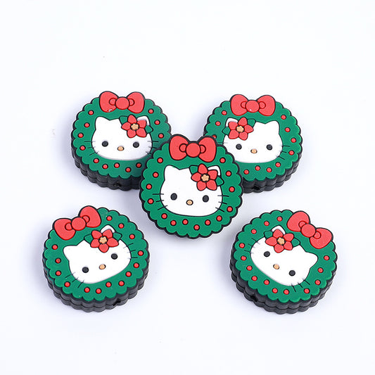 20pcs Silicone Focal Beads White Cat Round Face with Red Bow Christmas Wreath