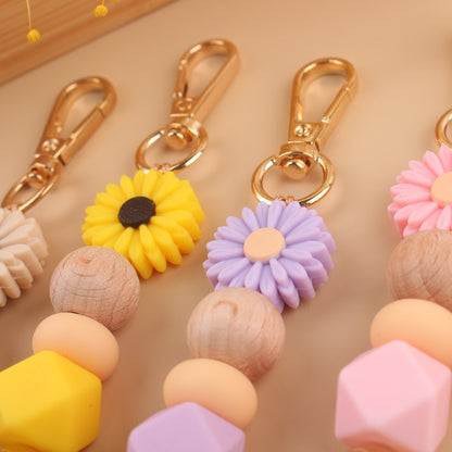 Daisy Silicone Bead Keychain with Wooden Round Bead Charm 3