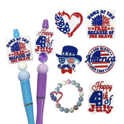 20Pcs Silicone Focal Beads Independence Day Printed Text and Flag Design 3
