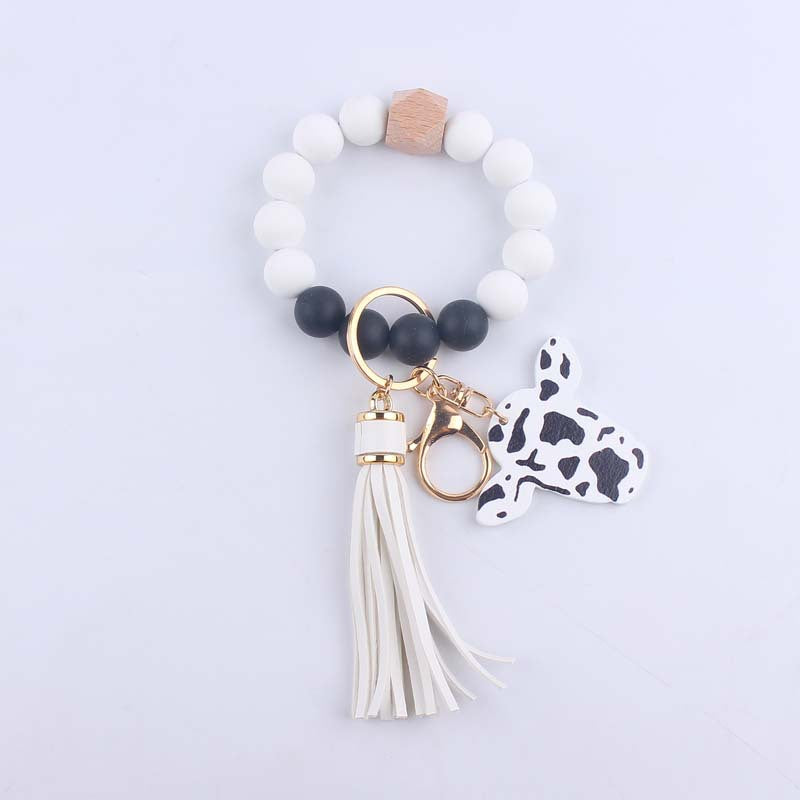 Western Cow Silicone Bead Wristlet Keychain PU Leather Tassel 10