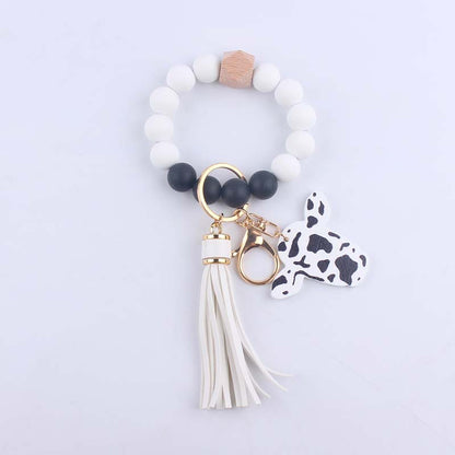 Western Cow Silicone Bead Wristlet Keychain PU Leather Tassel 10