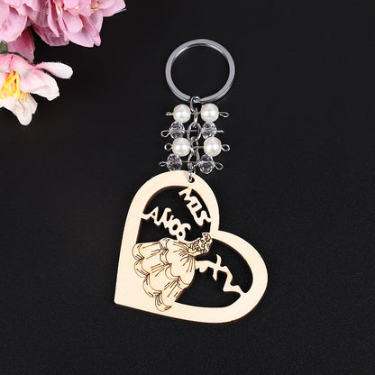 Love Princess Wooden Bead Keychain Heart Shape Charm 6