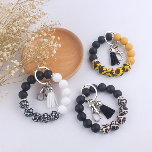 Leopard Print Tassel Silicone Bead Wristlet Keychain Charm
