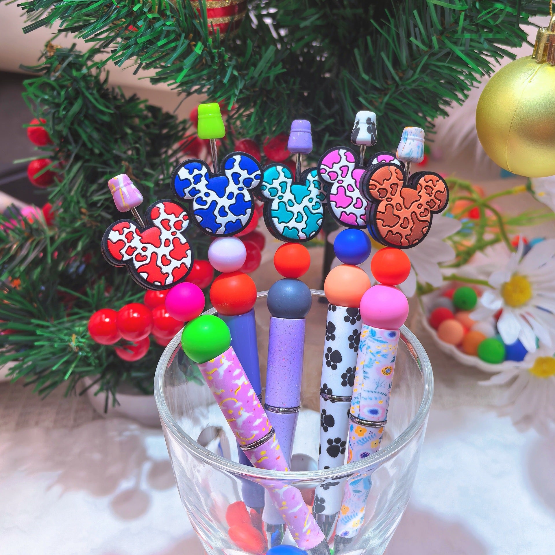 20Pcs Silicone Focal Beads Round Ear Mouse Character with Multi-Color Spots