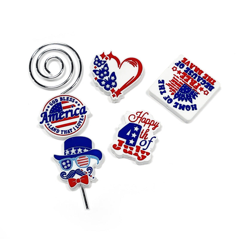20Pcs Silicone Focal Beads Independence Day Printed Text and Flag Design 2